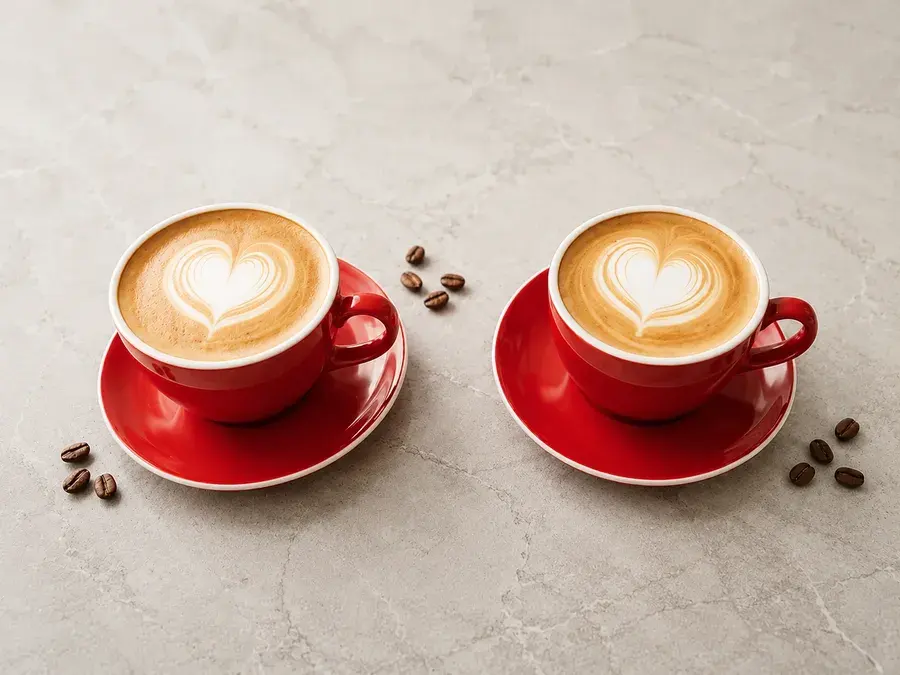 Två koppar med latte art och nymalet baristakaffe hos Kafé Kanel i Kristinehamn